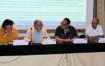 De izquierda a derecha, Marta Gómara, José Gómara, Luis Fernández y Santiago Rueda en la presentación del ciclo que tuvo lugar ayer en la UNED de Tudela.