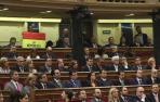 El senador navarro de IU, Iñaki Bernal, mantiene desplegada la bandera. 