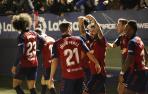 Alegría de los jugadores de Osasuna, y en especial de Iñigo Pérez y Rubén García, autores de los dos goles.