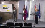 Nadia Calviño, María Jesús Montero y Pablo Iglesias, durante la rueda de prensa.