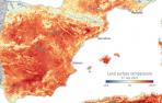 La imagen muestra las temperaturas que se alcanzaron en la superficie del suelo en el norte de África, España y sur de Francia el pasado 17 de julio