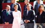 Los presidentes de Aragón, Javier Lambán (i); Navarra, María Chivite  (2i); Extremadura, Guillermo Fernández Vara y Baleares, Francina Armengol (d), en el palco de autoridades durante el desfile del Día de la Fiesta Nacional