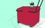 Ilustración de un carro de la compra con una persona encima