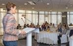 María Chivite se dirige a los asistentes al acto ‘Retos 2023’, que se celebró en Tudela centrado en el Canal de Navarra