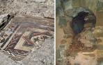 Uno de los mosaicos romanos hallados en Peralta (izda) y detalle de la ermita de Arlas (dcha)