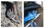 A la izq., Sergiy, sobrino de Natalya, en Bajmut. A la dcha.; Rusian duerme en Donetsk, en un saco enviado de Pamplona
