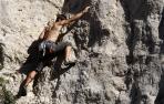 Un escalador, trepando por una vía de roca