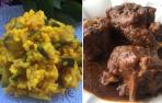 Arroz con cúrcuma y verduras y rabo de toro en salsa de sole