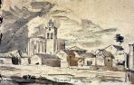 Valentín Carderera. Vista de Monreal, Navarra. Dibujo en papel, lápiz, tinta y aguada. C. 1861-1862. Fondo Carderera. Museo Lázaro Galdeano