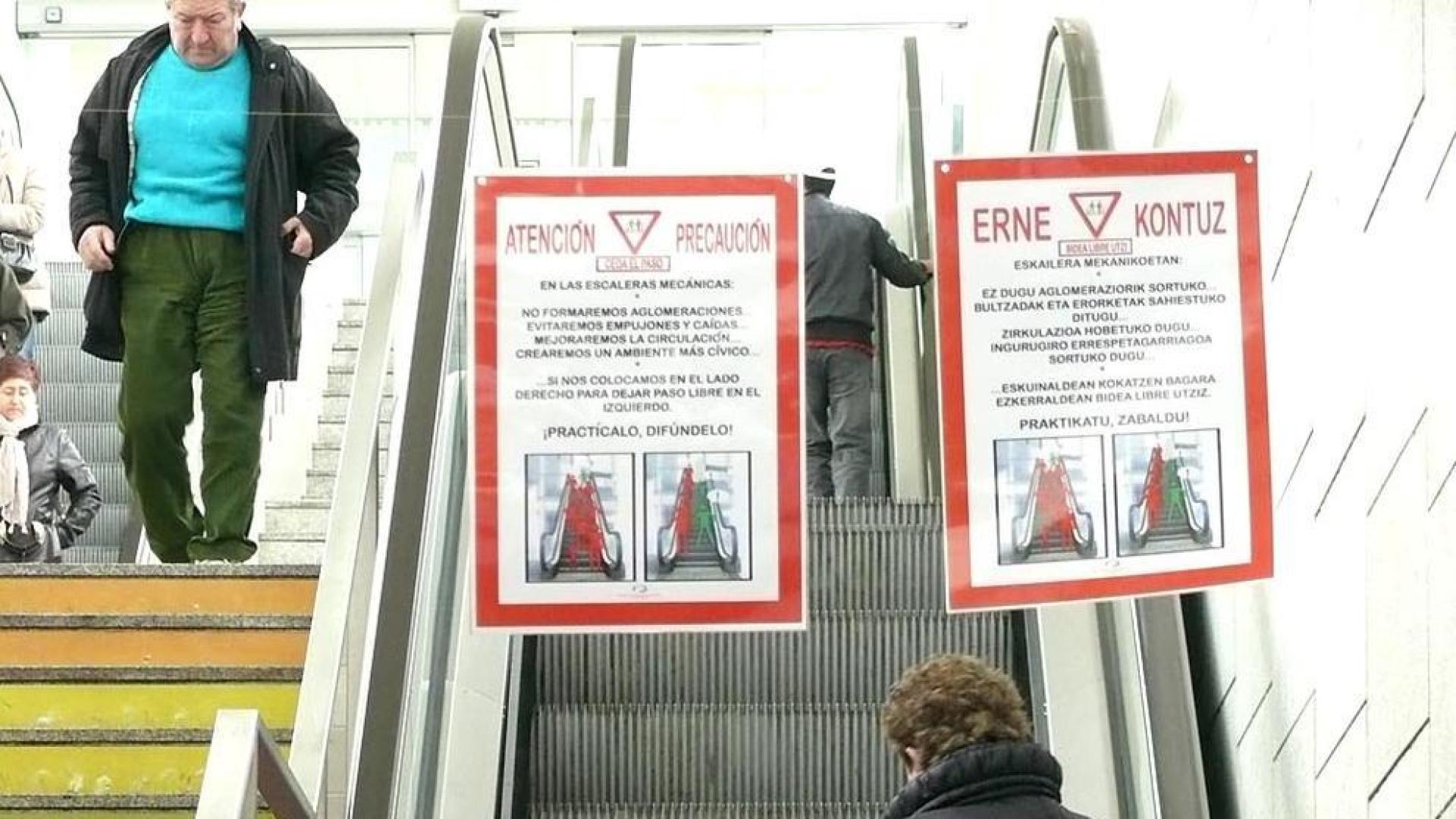Egoitz Sánchez Montoro, navarro de 22 años que pronto terminará la carrera de Psicología en la UPV, se ha inventado unas prácticas para "cambiar el comportamiento de los usuarios de las escaleras mecánicas" en la Estación de Autobuses de Pamplona. Ésta es su campaña de concienciación, basada en algunos letreros.