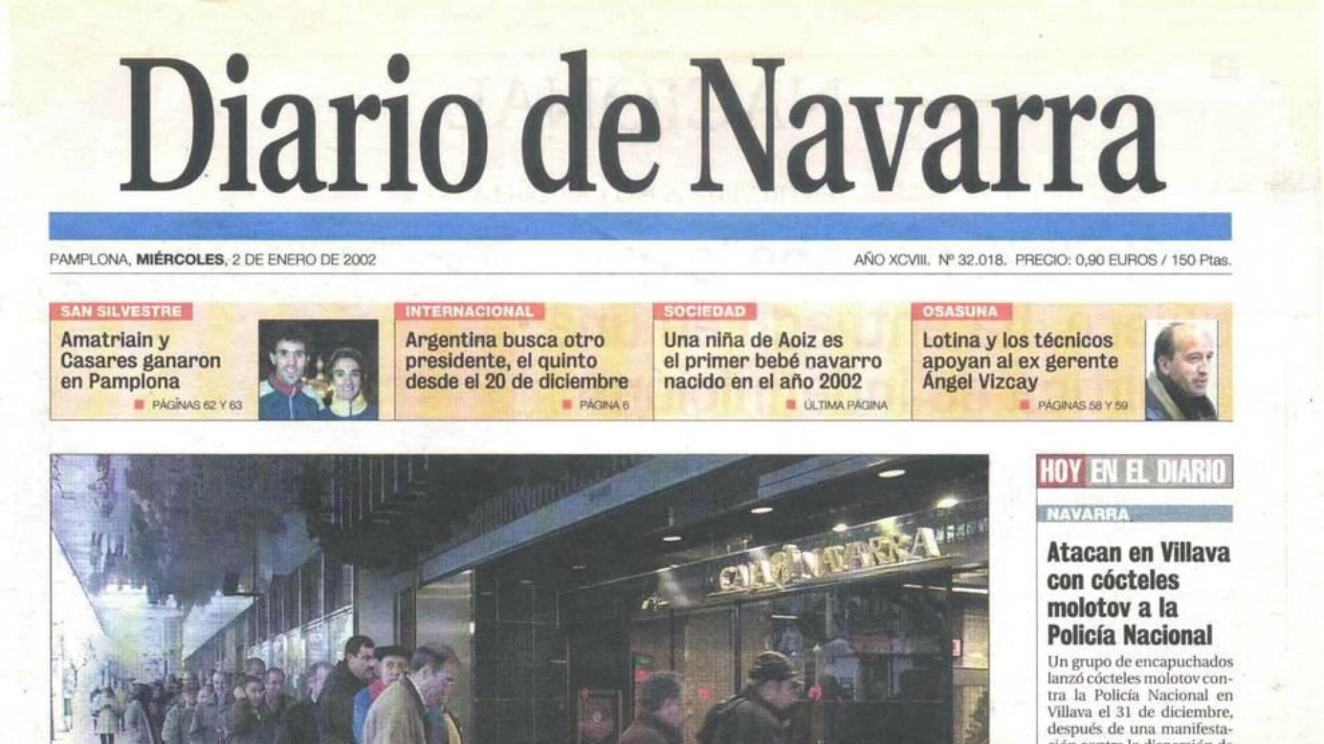 Portada de Diario de Navarra el 2 de enero de 2002.