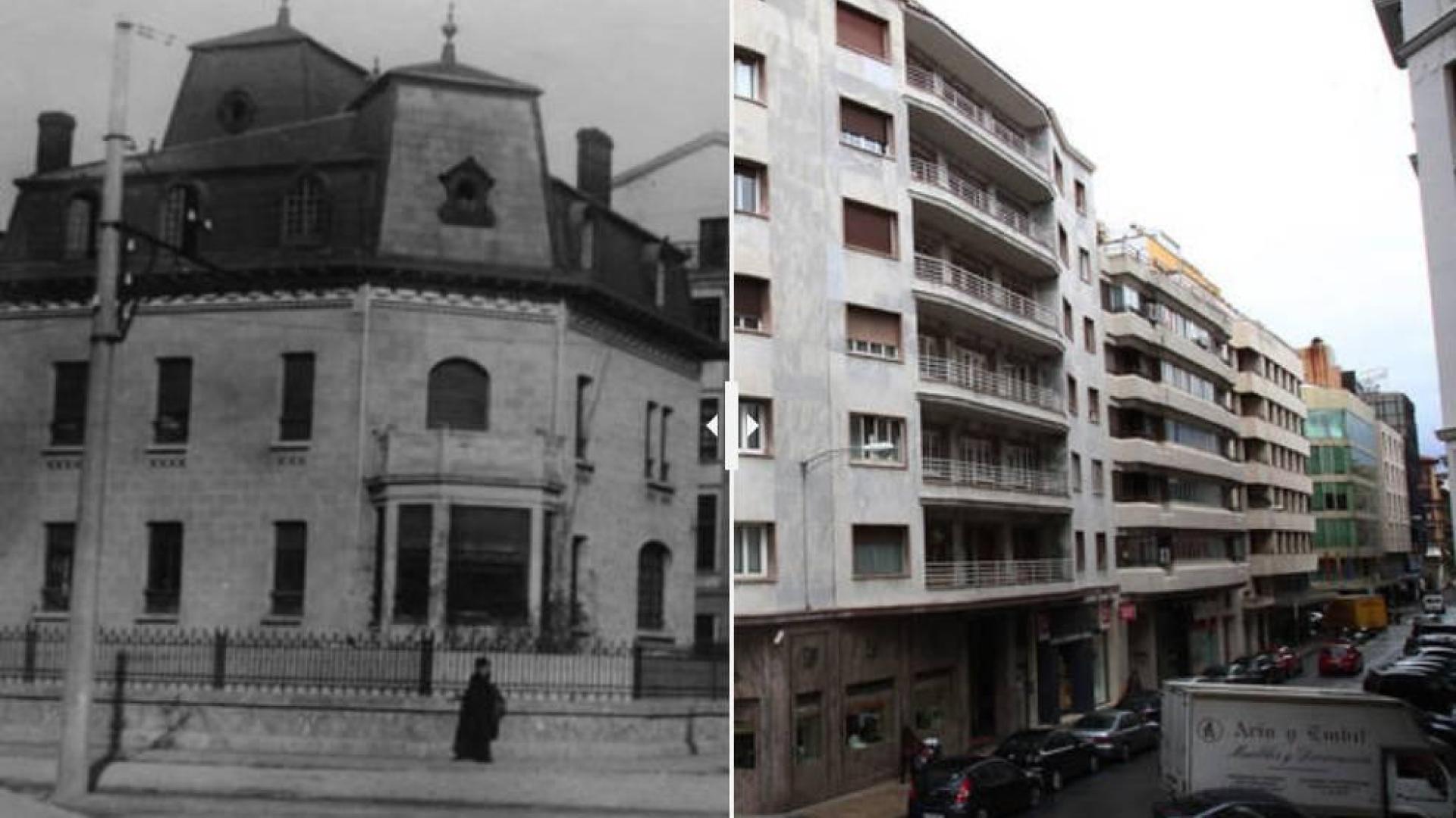La esquina de las calles Arrieta y Bergamín en 1950 (izquierda) y 2017 (derecha).
