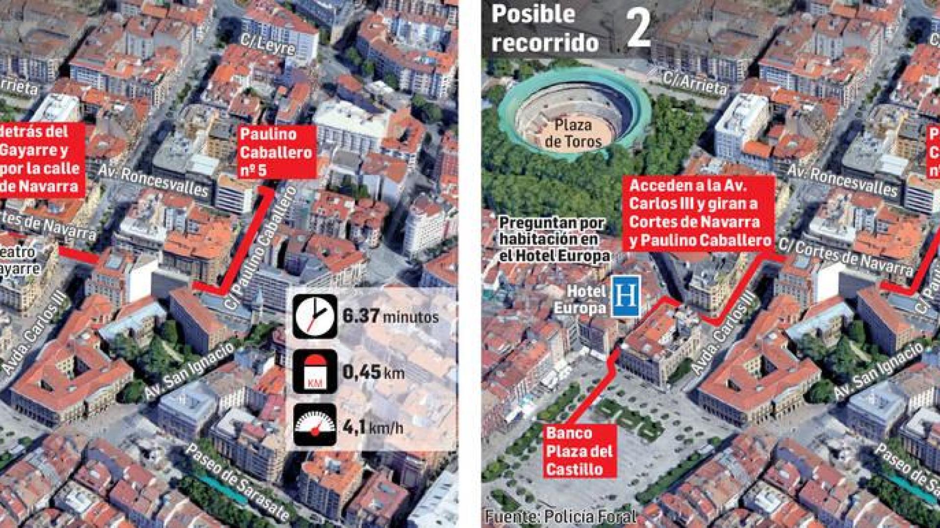 Posibles recorridos que realizaron los acusados de la violación de San Fermín
