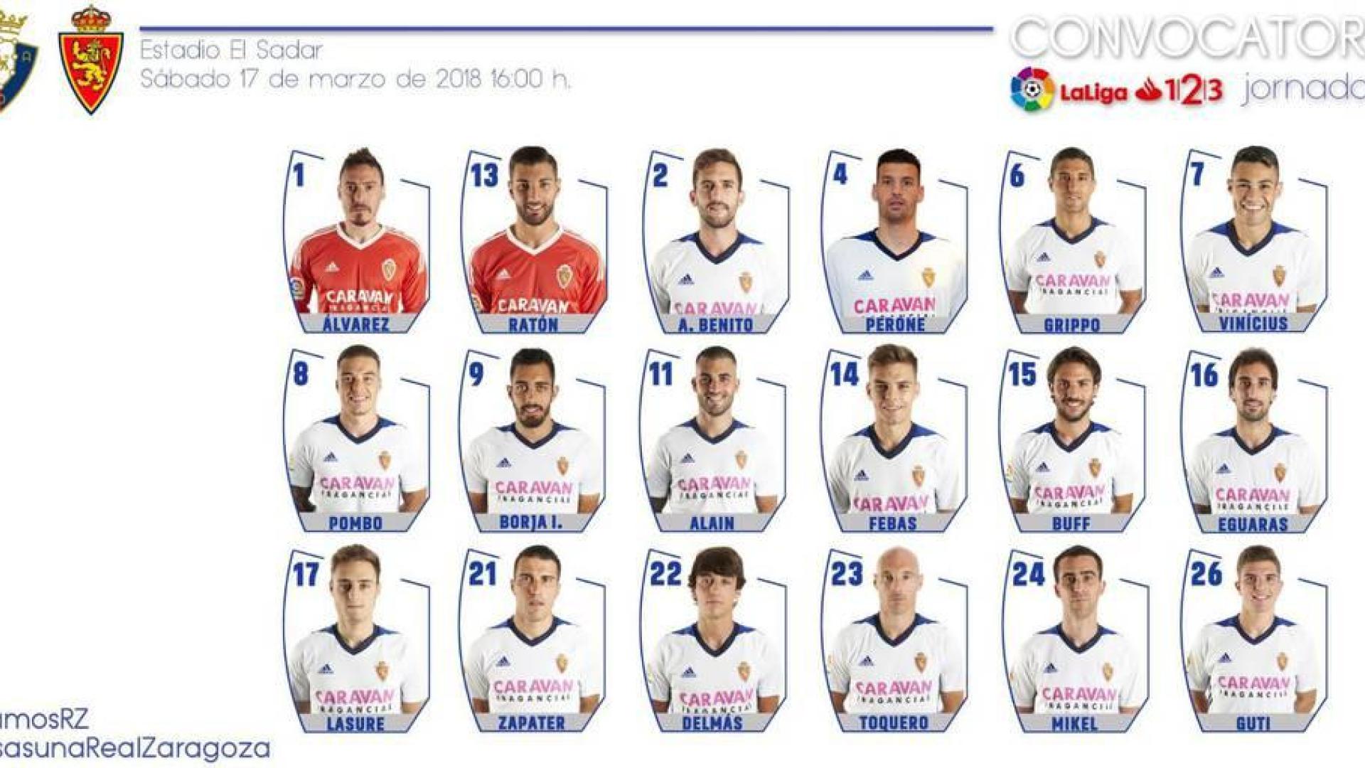 Convocatoria del Zaragoza para el partido contra Osasuna