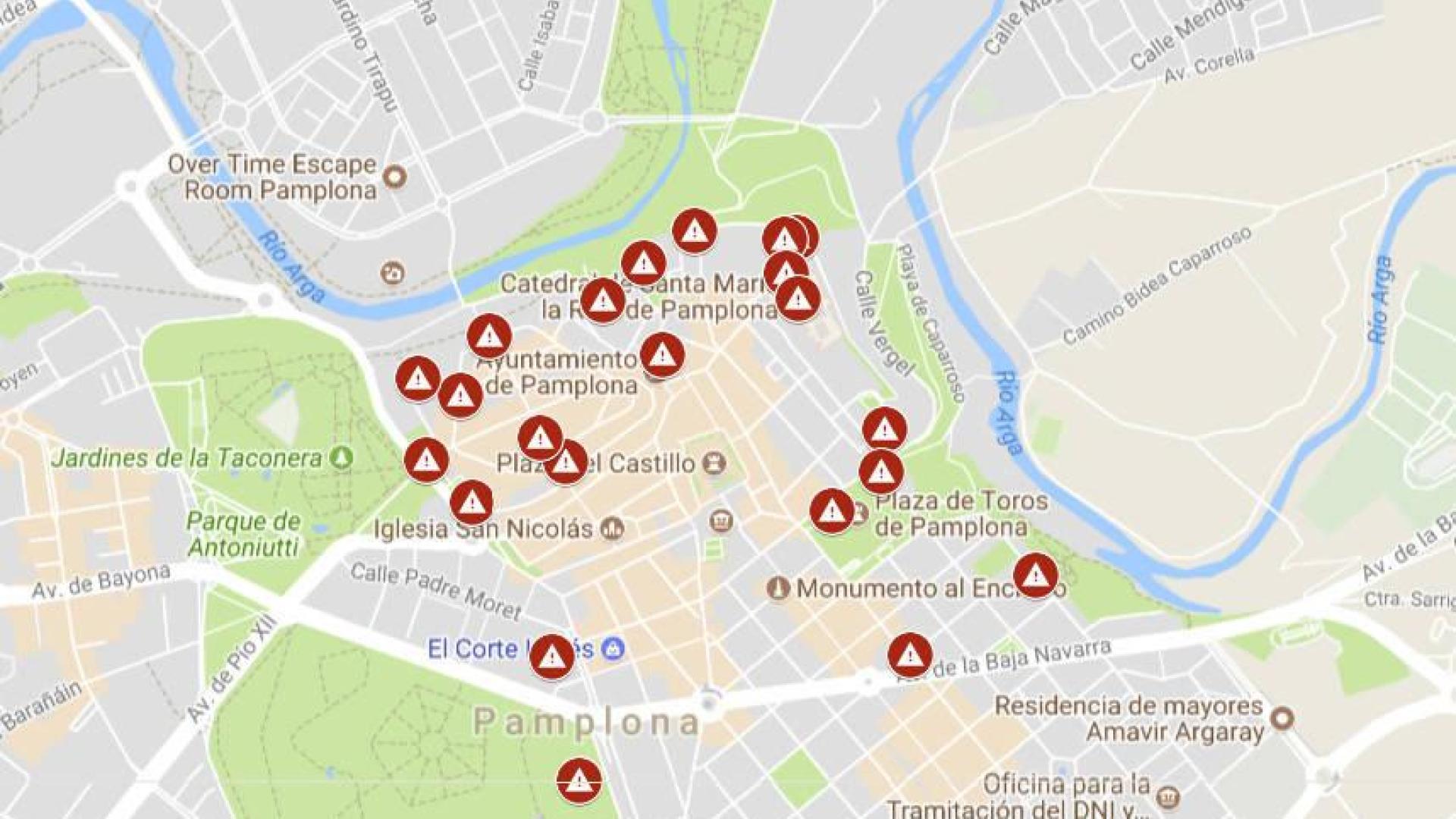 Un mapa recoge los “puntos negros” para las mujeres en el Casco Viejo y en el Ensanche