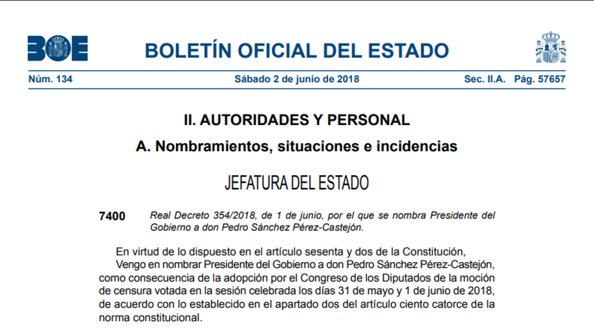 El BOE publica el cese de Mariano Rajoy y el nombramiento de Pedro Sánchez