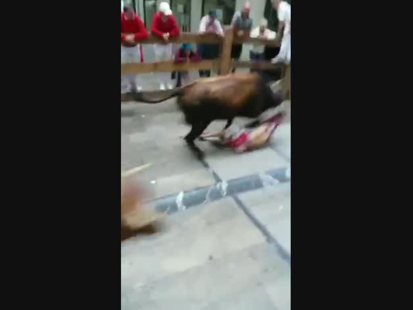 Una vaca arrastra a un mozo enganchándolo de la camiseta en el encierrillo de la última mañana de fiestas de Estella.