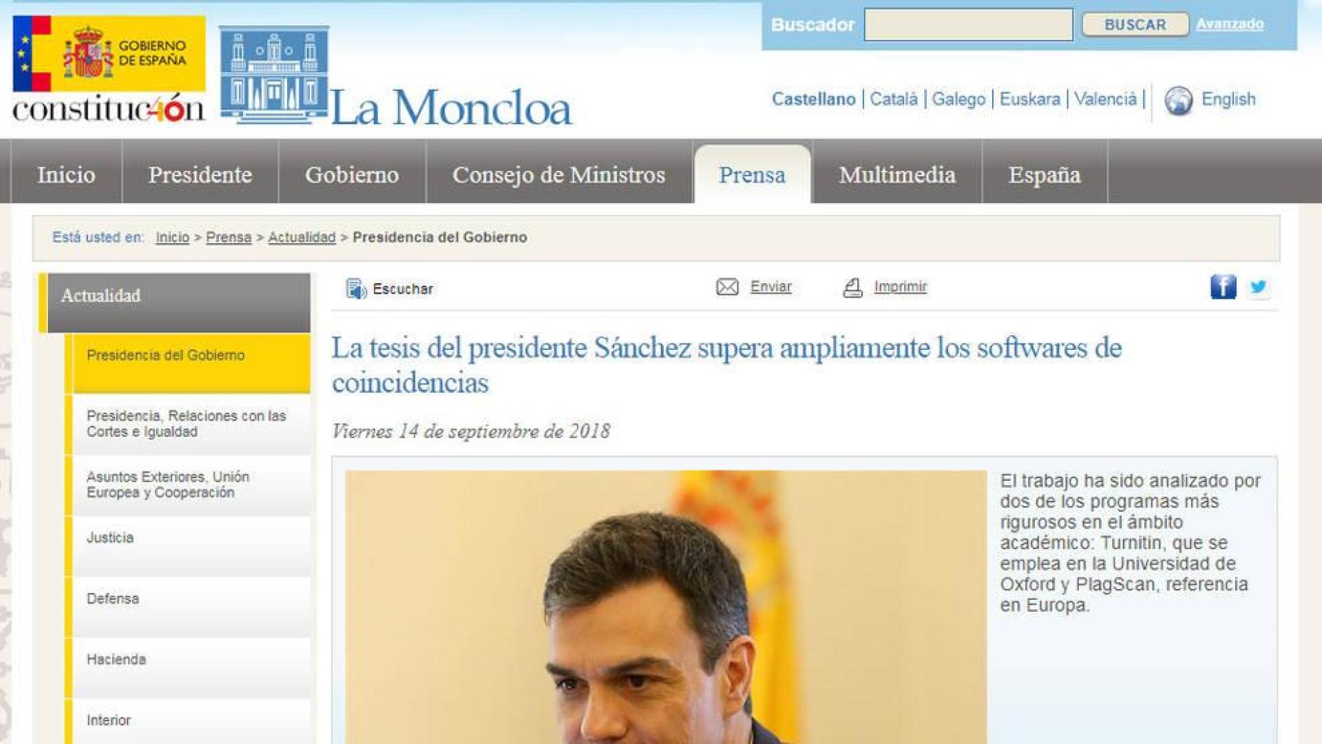 Dos programas antiplagio determinan como contenido original la tesis de Sánchez