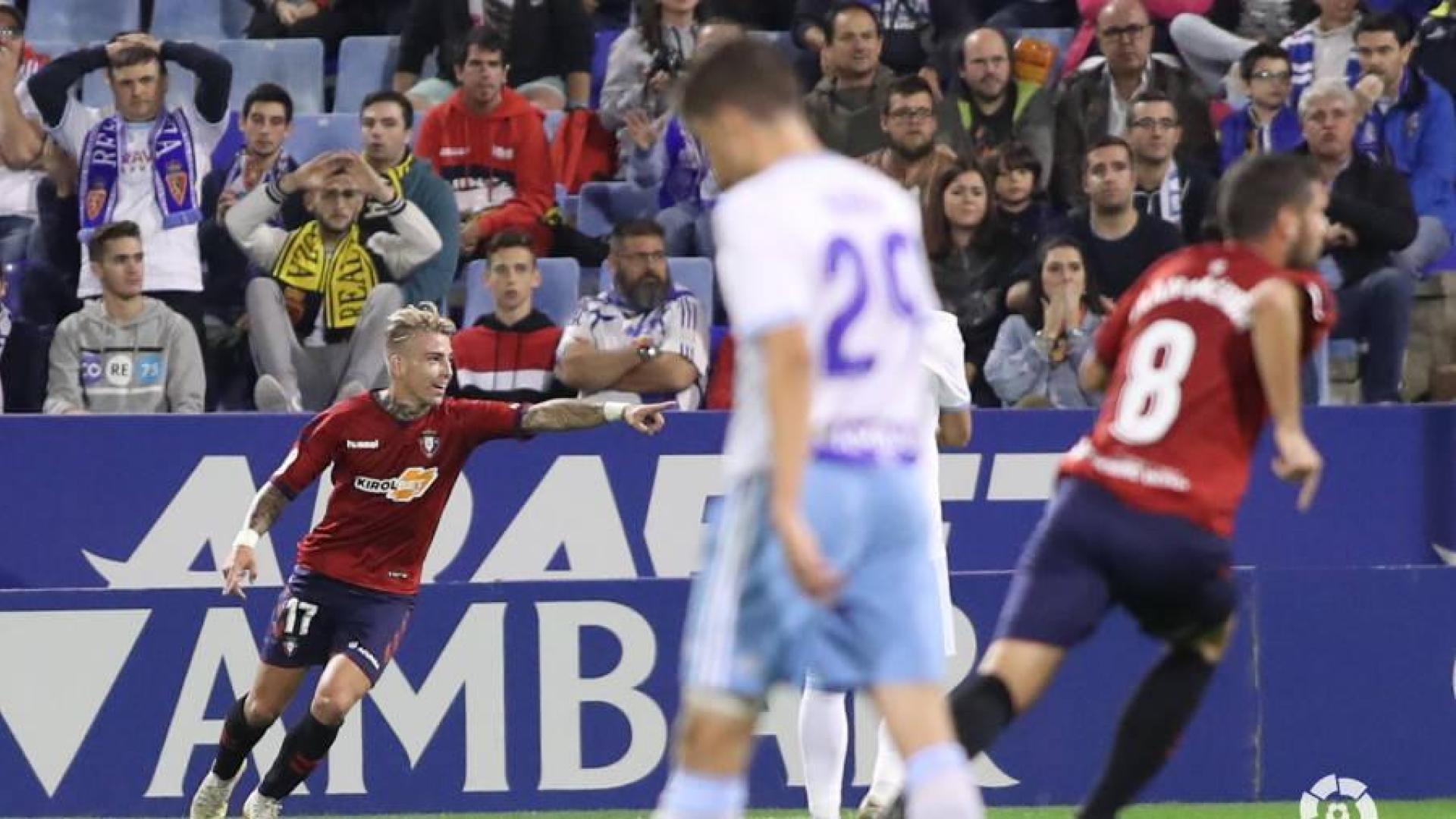 Brandon celebra el gol al Zaragoza.