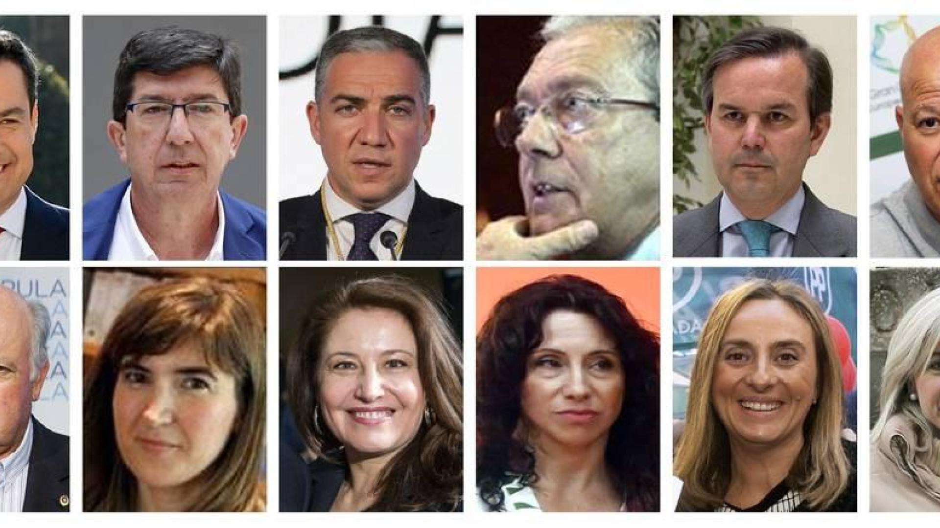 El nuevo gobierno de la Junta de Andalucía. De arriba a abajo y de izquierda a derecha, Juanma Moreno Bonilla, presidente de la Junta de Andalucía; Juan Marín Lozano, vicepresidente y consejero de Turismo, Regeneración Democrática, Administración Local y Justicia; Elías Bendodo Banasayag, Consejería de Presidencia, Administraciones Públicas e Interior; Rogelio Velasco Pérez, Consejería de Economía, Conocimiento, Empresas y Universidad; Alberto García Valera, Consejería de Hacienda, Industria y Energía; Javier Imbroda Ortíz, Consejería de Educación y Deportes ; Jesús Aguirre Muñoz, Consejería de Salud y Familias; Rocio Blanco Eguren, Consejería de Empleo, Formación y Trabajo Autónomo; Carmen Crespo Díaz, Consejería de Agricultura, Ganadería, Pesca y Desarrollo Sostenible; Rocío Ruiz Domínguez, Consejería de Igualdad, Políticas Sociales y Conciliación; Marifrán Carazo Villalonga, Consejería de Fomento, Infraestructuras y Ordenación del Territorio; Patricia del Pozo, Consejería de Cultura y Patrimonio.