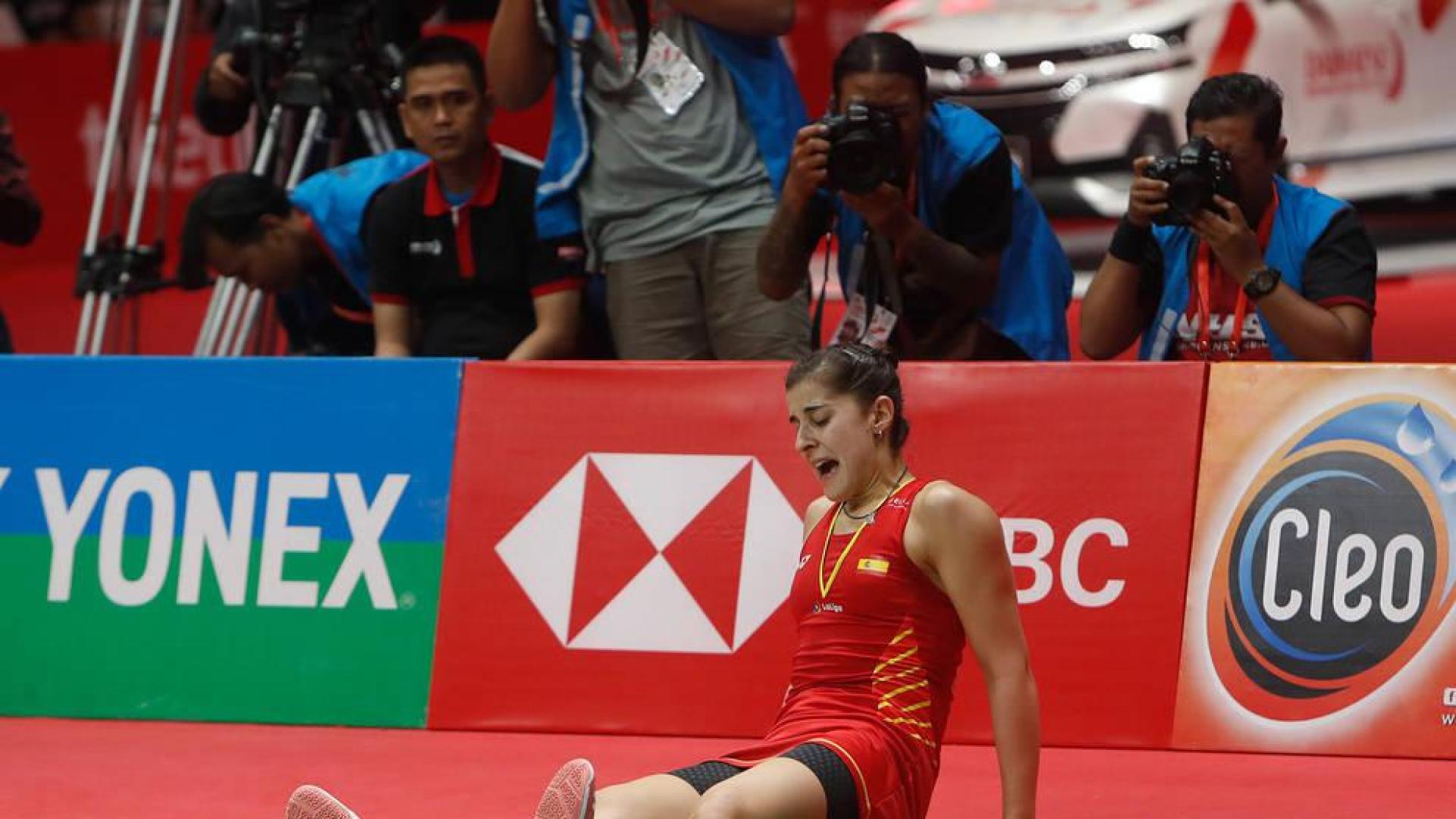 Carolina Marín, tras sufrir su lesión en el Masters de Indonesia.