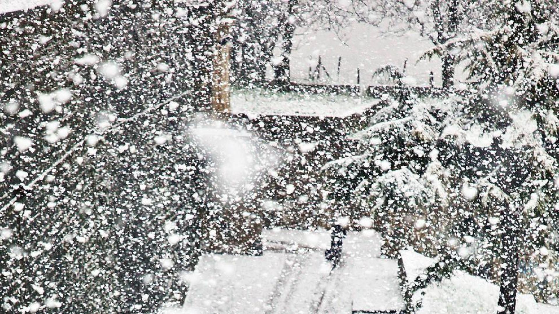 Nevada sobre el portal de Francia, en Pamplona, el 14 de marzo de 2016.