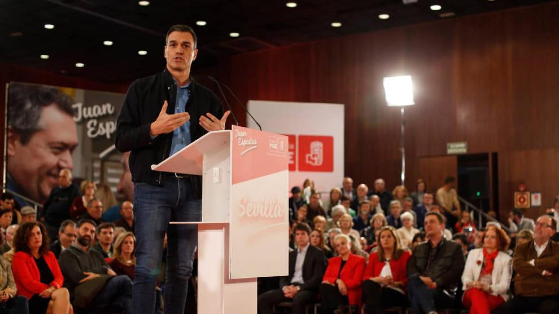 El secretario general del PSOE y presidente del Gobierno, Pedro Sánchez, interviene en el acto de presentación de la candidatura de Juan Espadas a la Alcaldía de Sevilla.