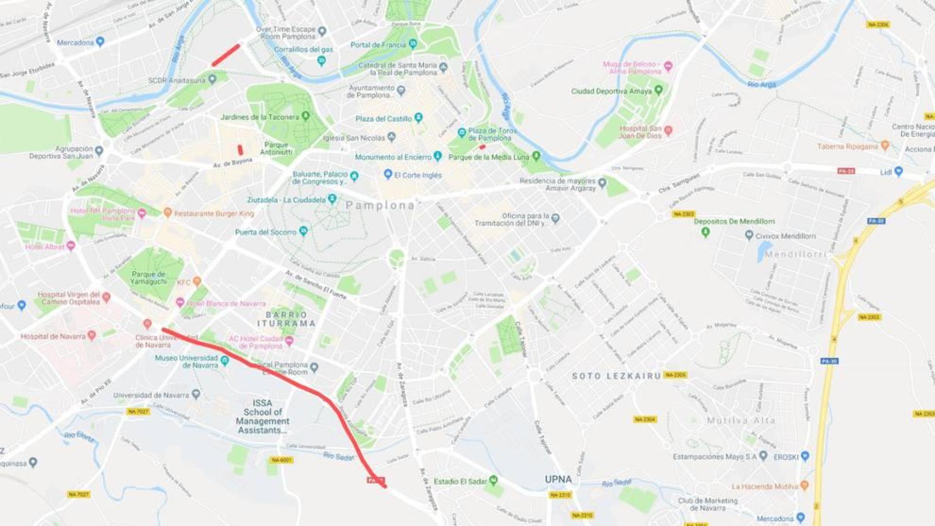 Mapa con los puntos señalados de las alteraciones del tráfico en Pamplona y la Comarca este jueves, 21 de febrero.