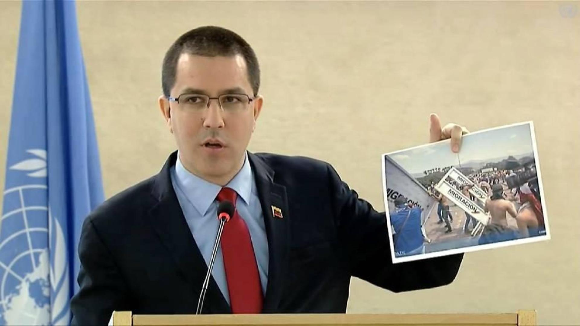 Captura del vídeo institucional de la ONU, del ministro de Relaciones Exteriores de Venezuela, Jorge Arreaza, durante su intervención en el Consejo de Derechos Humanos de la ONU, en la que una veintena de gobiernos boicotiearon su discurso y abandonaron la sala apenas éste ingreso en ella.
