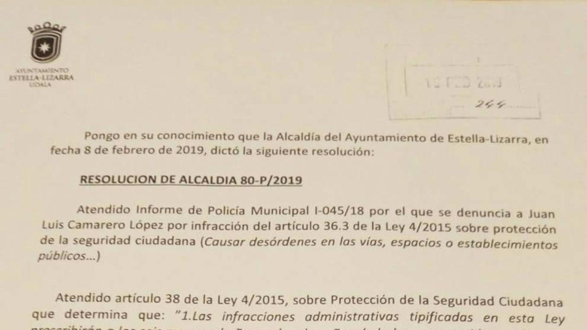 El alcalde de Estella libra de una multa a un edil de Bildu en Ayegui