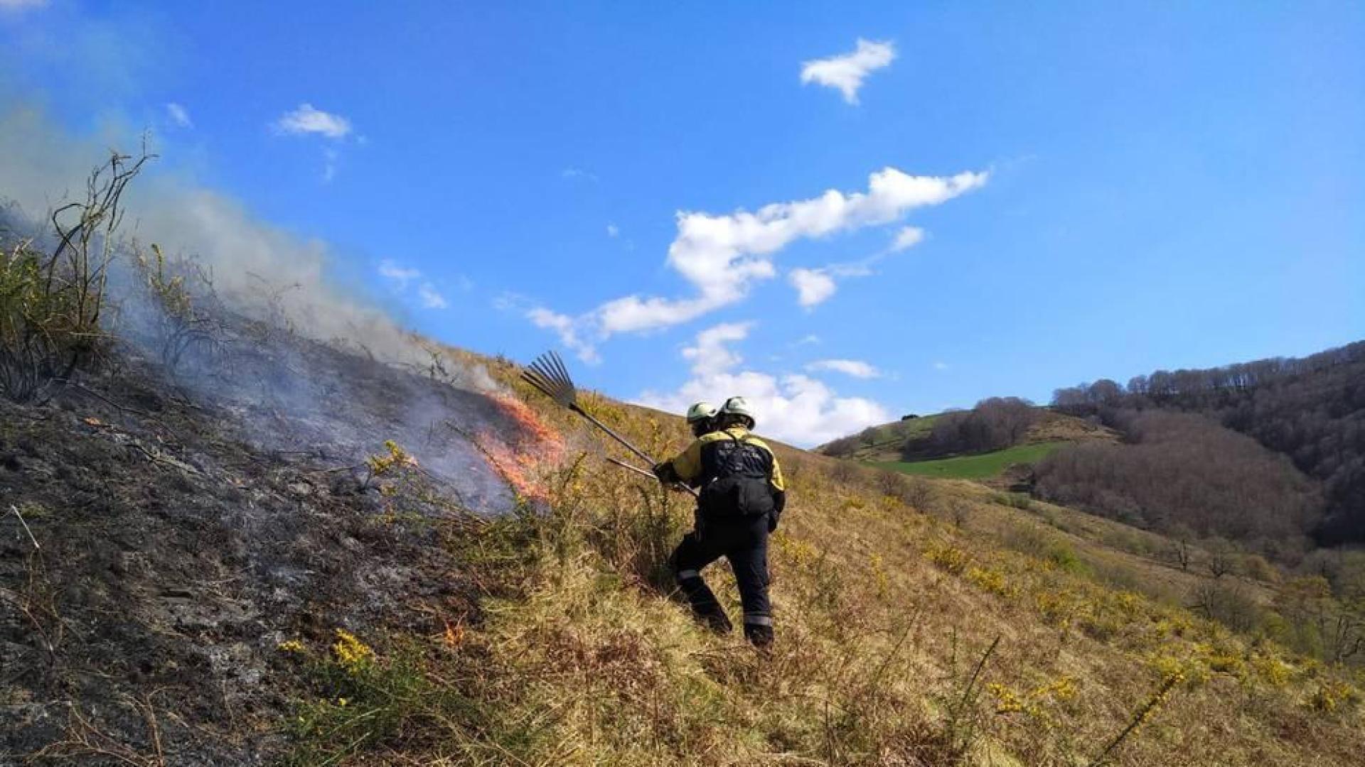 Bomberos forestales durante la extinción de un incendio en Arizkun