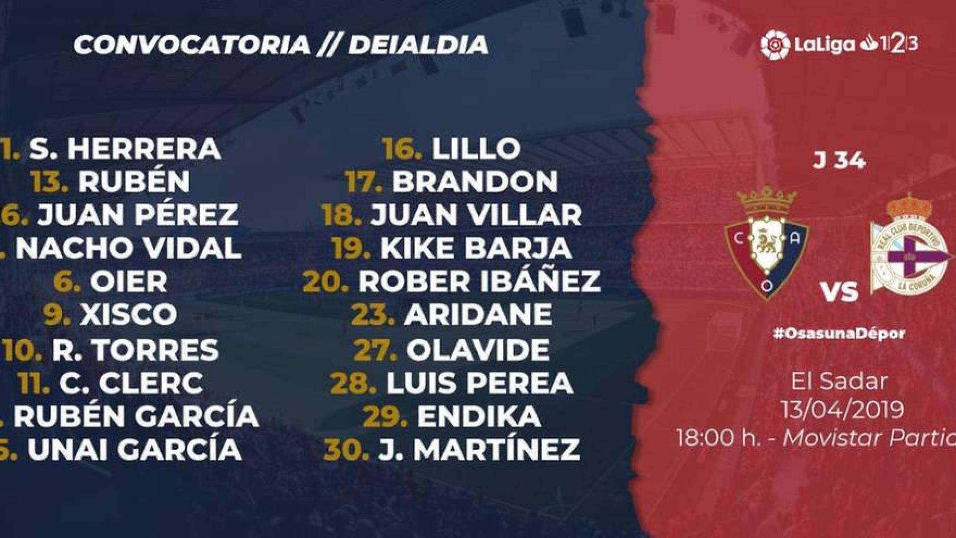 Convocatoria de Jagoba Arrasate para el choque ante el Deportivo