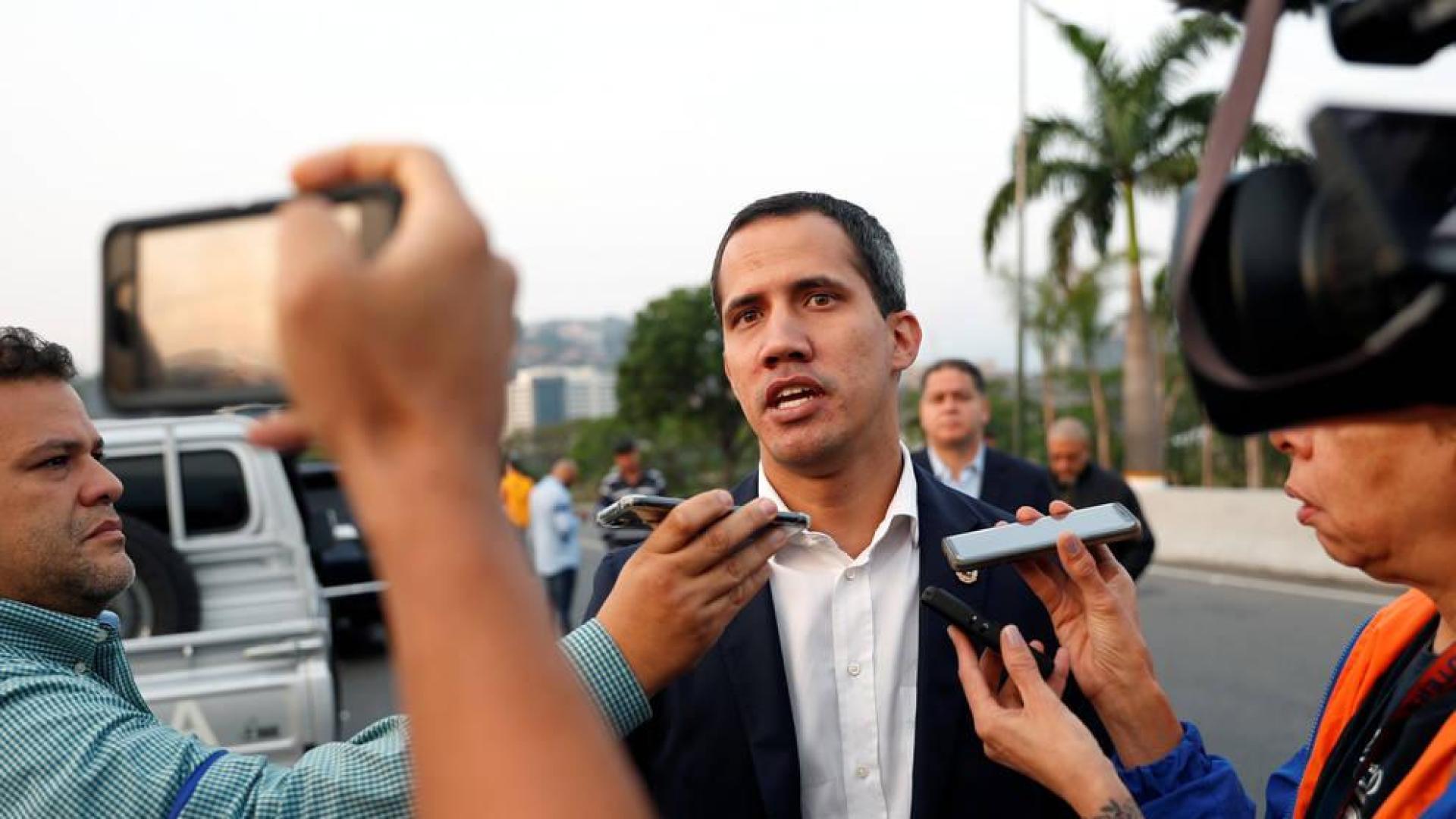Juan Guaidó durante su llamamiento al pueblo venezolano desde la base militar "La Carlota", en Caracas