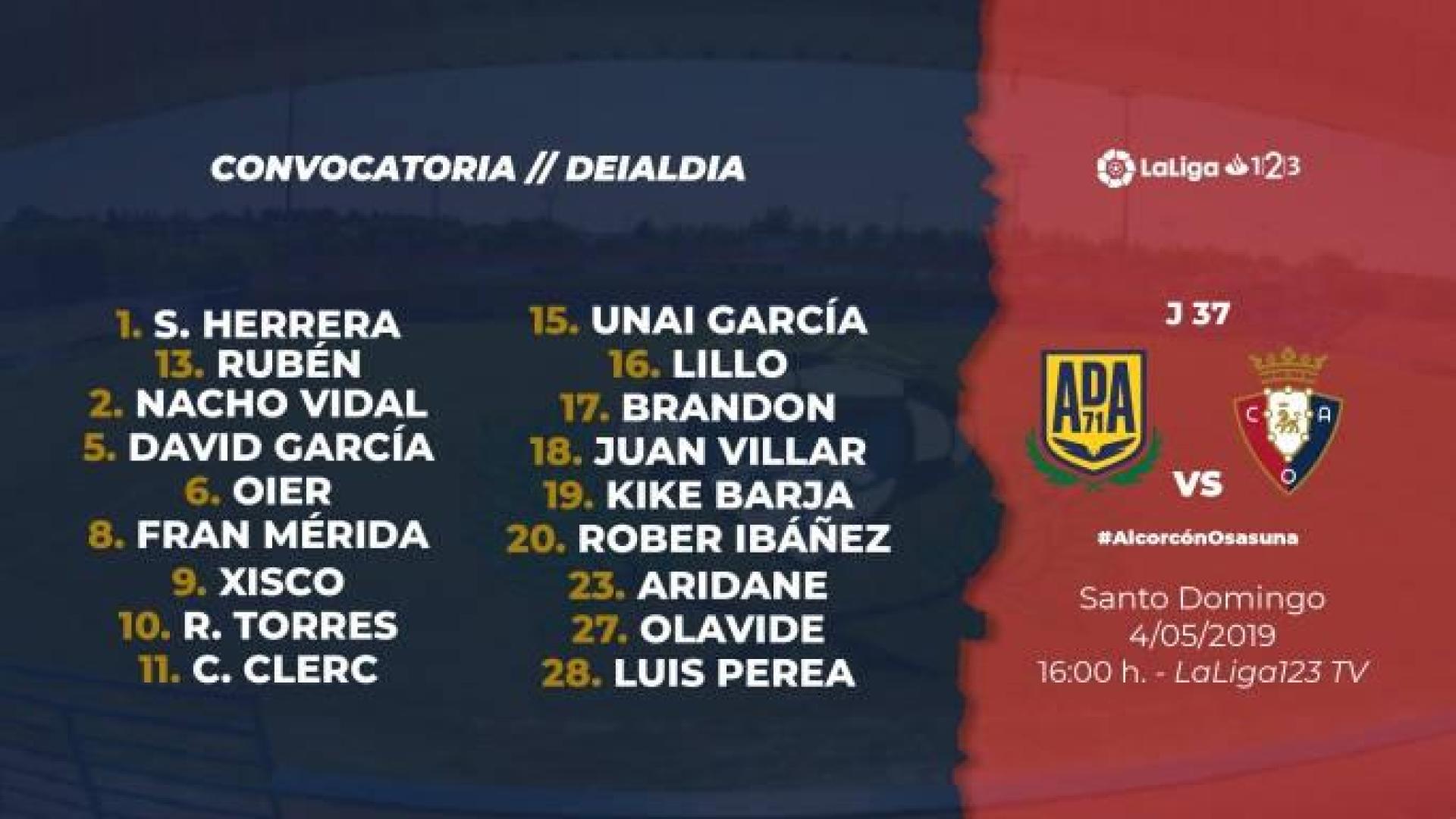 Convocatoria de Osasuna para el partido en Alcorcón