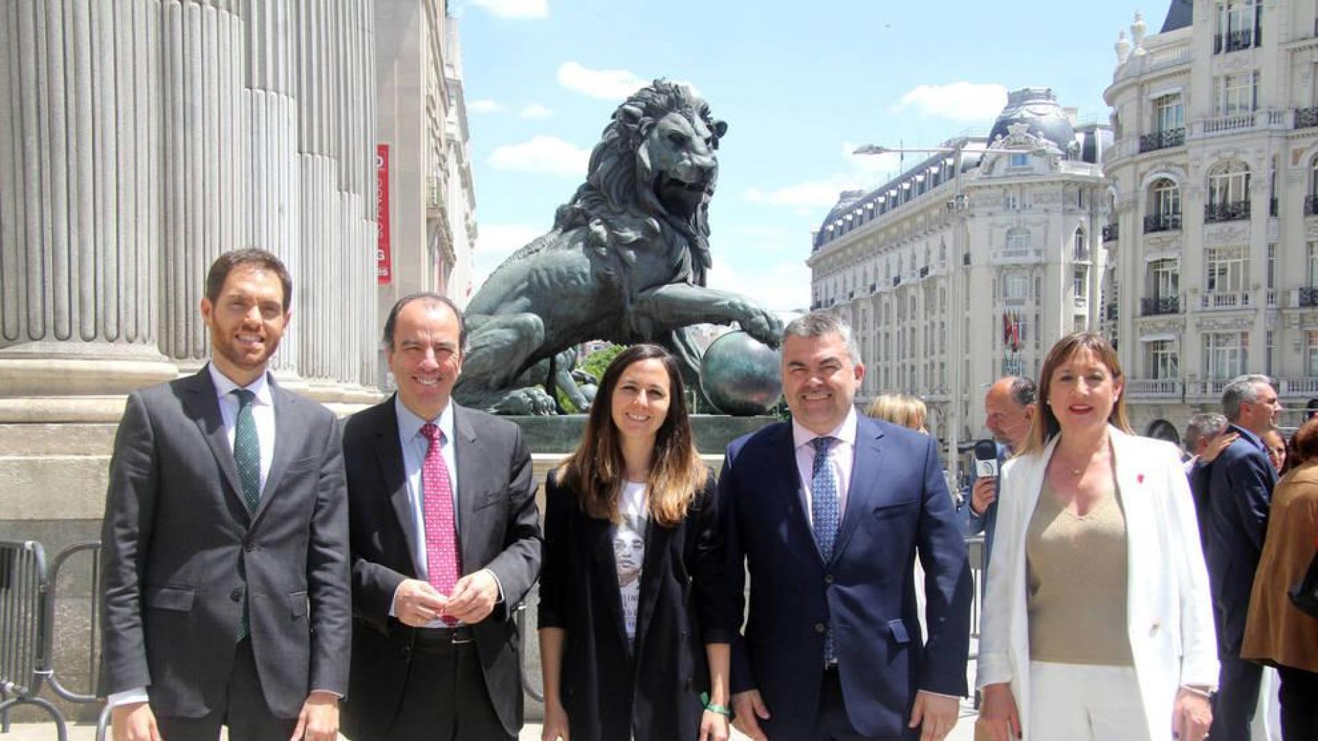 Los 5 diputados por Navarra. Por la izda: Sergio Sayas (N+), Carlos García Adanero (N+), Ione Belarra (Podemos), Santos Cerdán (PSN) y Conchi Ruiz (PSN), en Madrid.