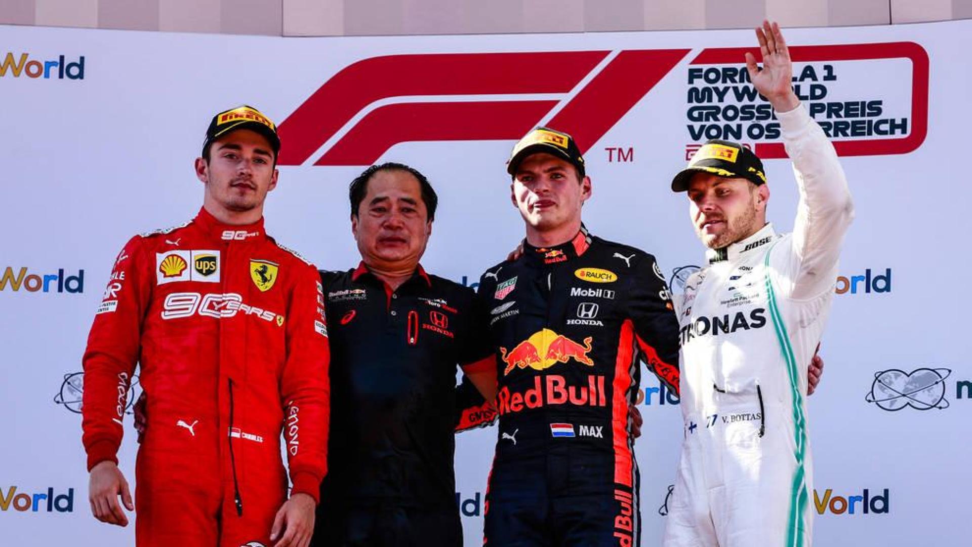 Podio del Gran Premio de Austria de Fórmula 1, en el que Verstappen se ha impuesto a Leclerc y Bottas.