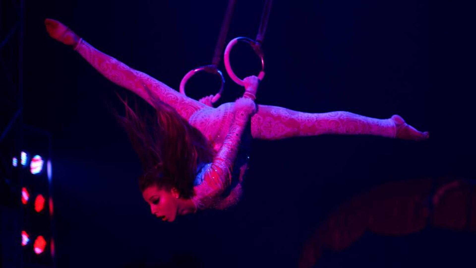 La atleta Adriana Gonzalvez en un ejercicio espectacular sobre las anillas durante una de las sesiones del Circo Universal.
