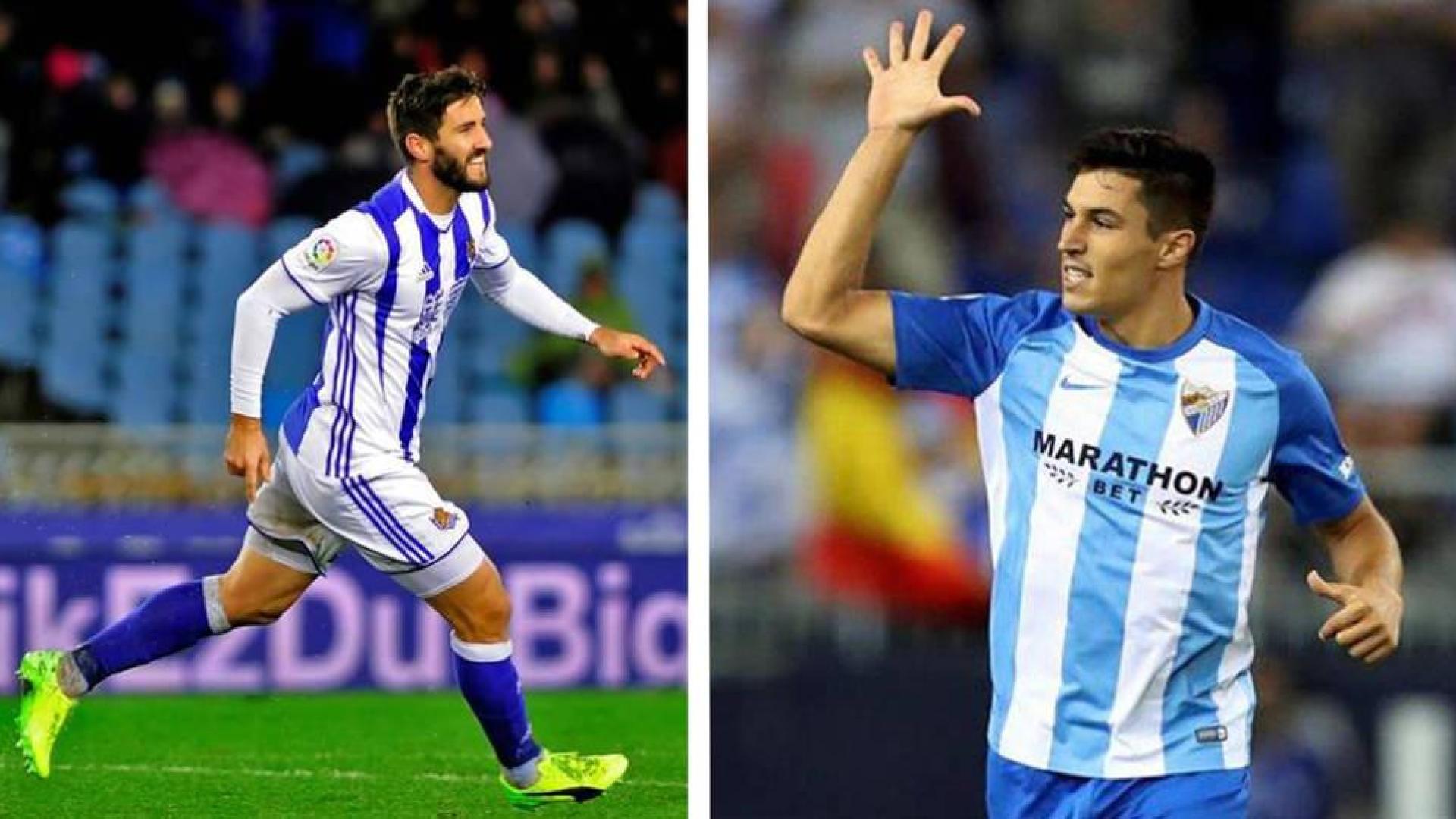 Raúl Navas, en un partido con la Real Sociedad (izda.) y Raúl Navas con la camiseta del Málaga (dcha.).