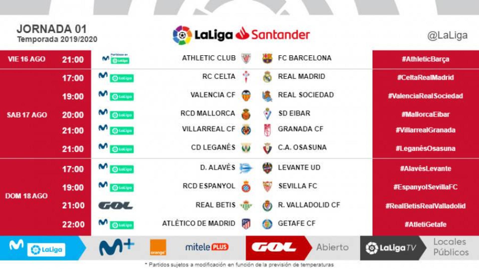 Horarios definitivos de la primera jornada de Liga.