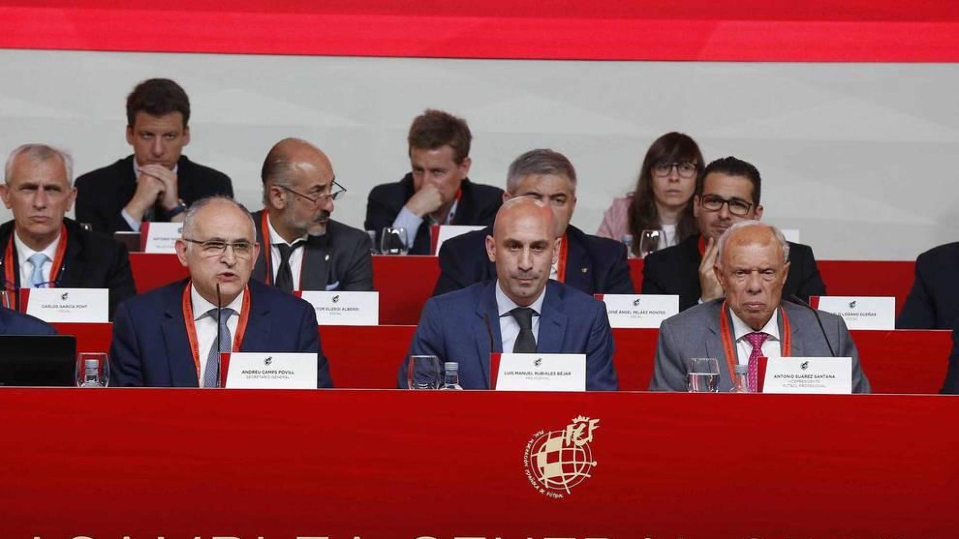 El presidente de la Federación Española de Fútbol (RFEF), Luis Rubiales (c), durante la Asamblea General Ordinaria de la Federación.