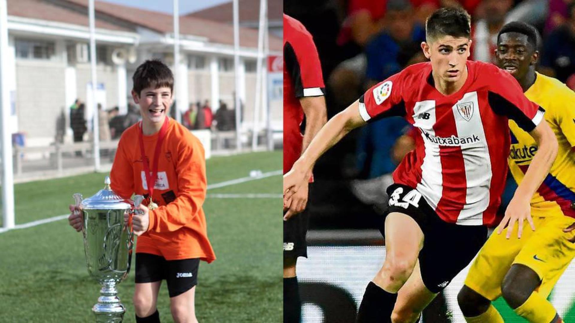 Oihan Sancet, en una imagen de 2012 con el trofeo de mejor jugador del Interescolar y en otra, en su debut.