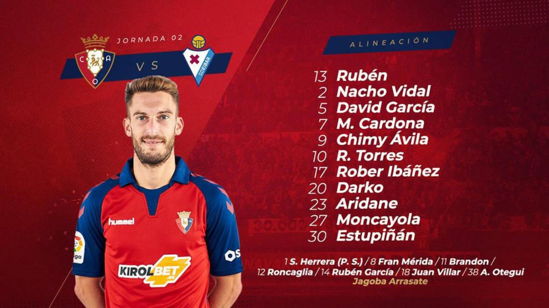 Cardona por Oier, único cambio en el once de Osasuna para medirse el Eibar