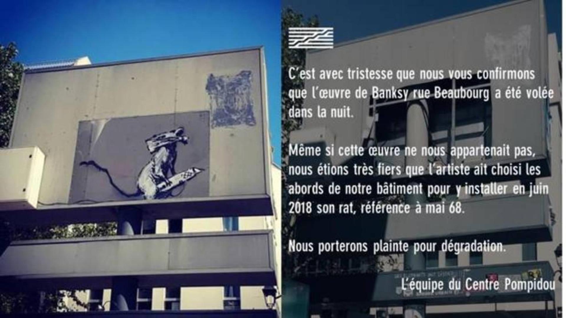 Obra de Banksy en el Pompidou y mensaje del museo tras el robo.