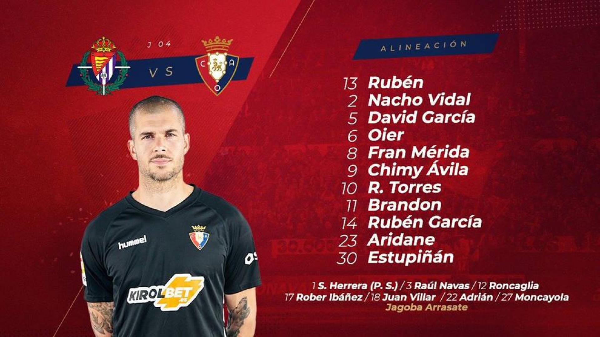 Osasuna repite alineación para enfrentarse al Valladolid