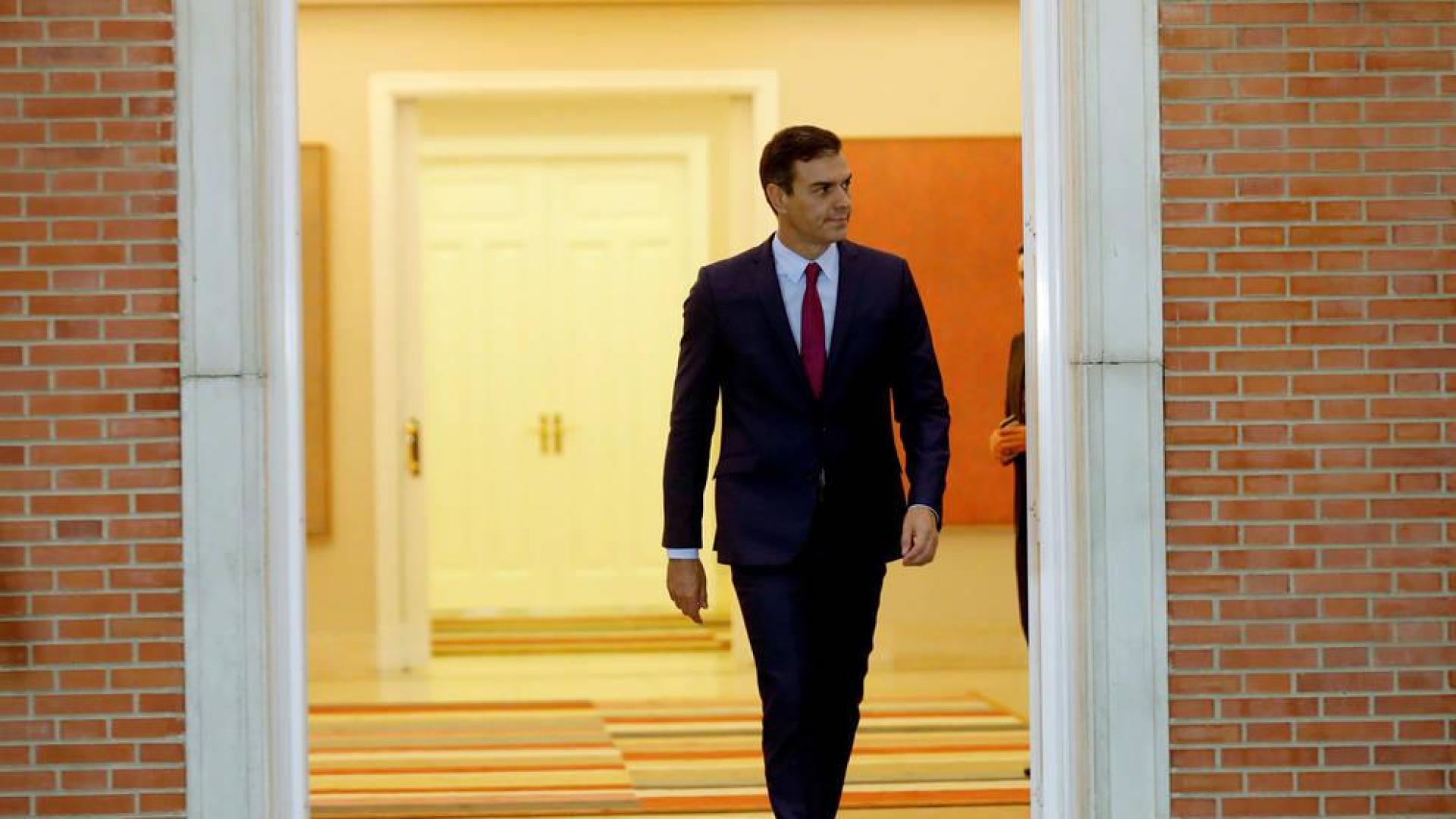 El presidente del Gobierno en funciones Pedro Sánchez sale para recibir a la selección española de baloncesto