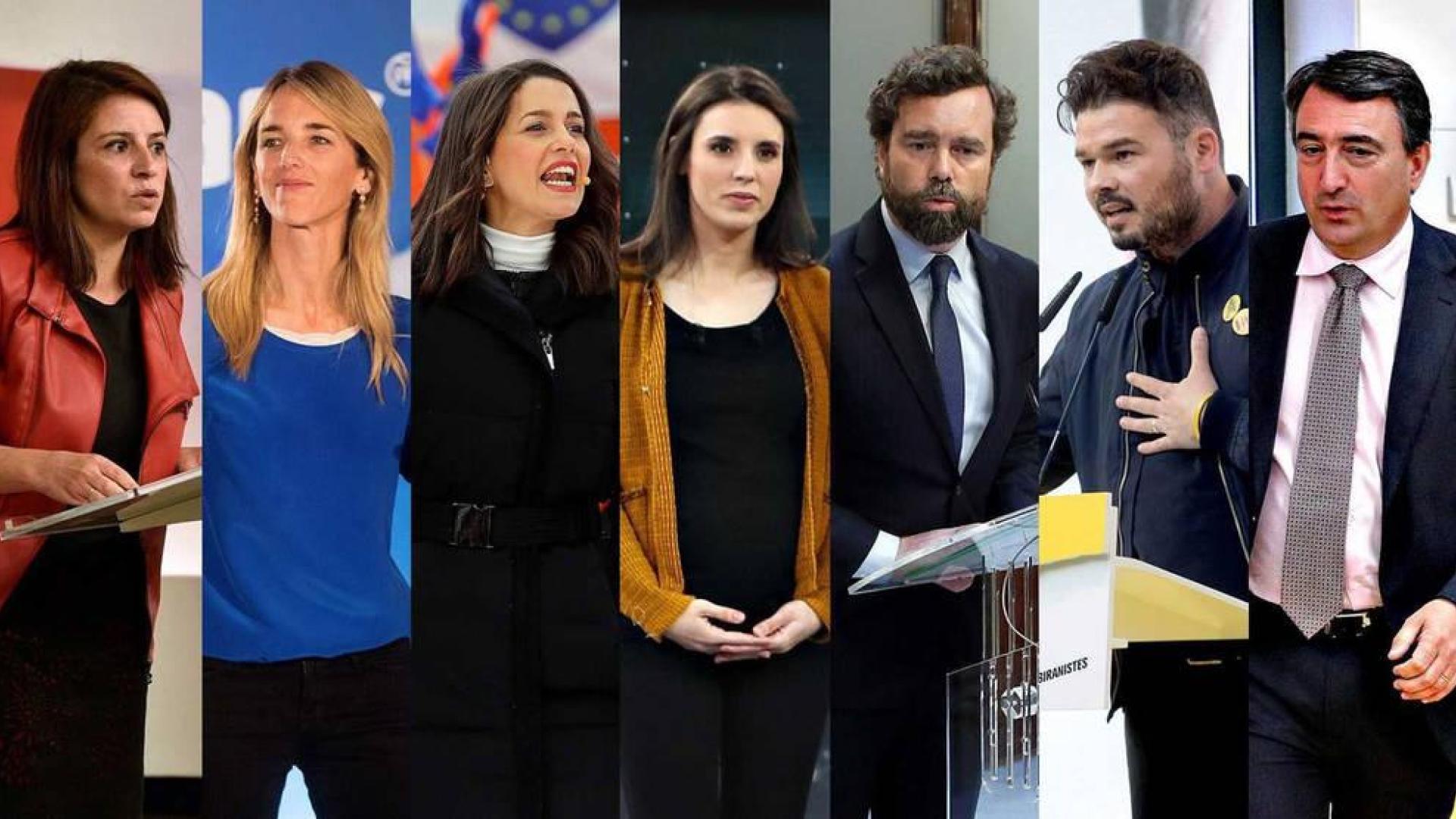 Adriana Lastra (PSOE), Cayetana Álvarez de Toledo (PSOE), Inés Arrimadas (Cs), Irene Montero (Unidas Podemos), Iván Espinosa de los Monteros (Vox), Gabriel Rufián (ERC) y Aitor Esteban (PNV).