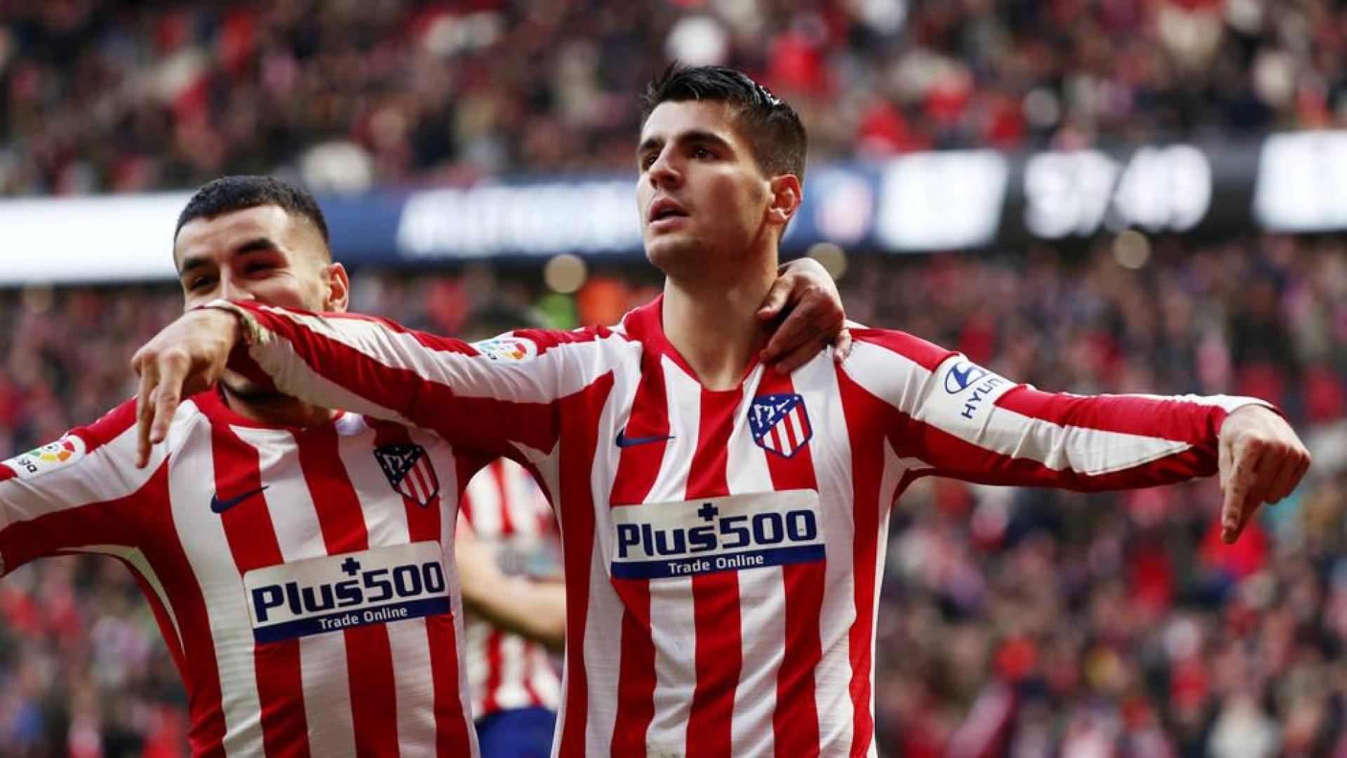 Morata celebra su tanto, el segundo de su equipo, ante el Espanyol.