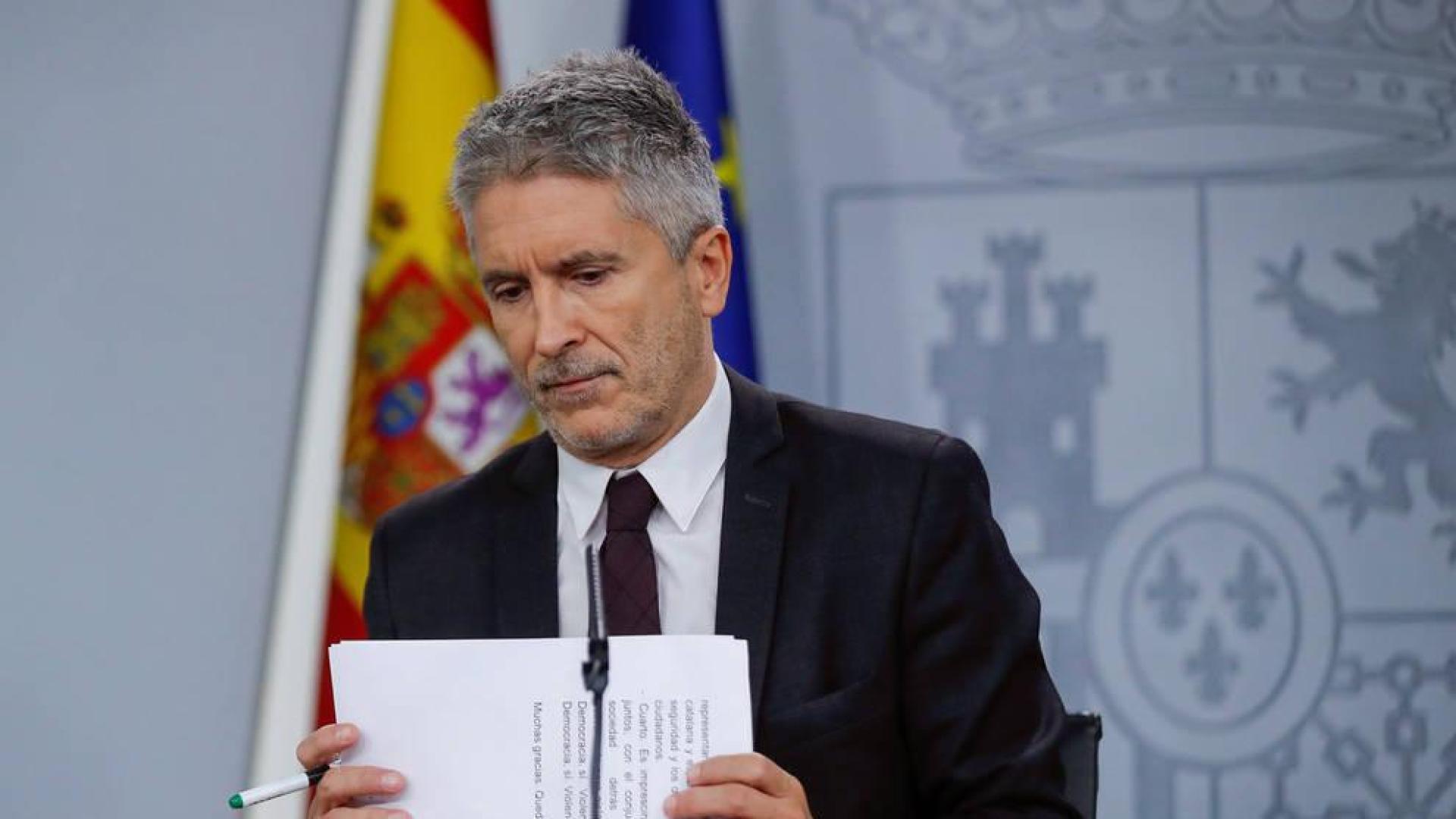 Grande-Marlaska, este domingo, durante de la rueda de prensa en el Palacio de la Moncloa tras la reunión del comité de seguimiento de la situación en Cataluña este domingo.