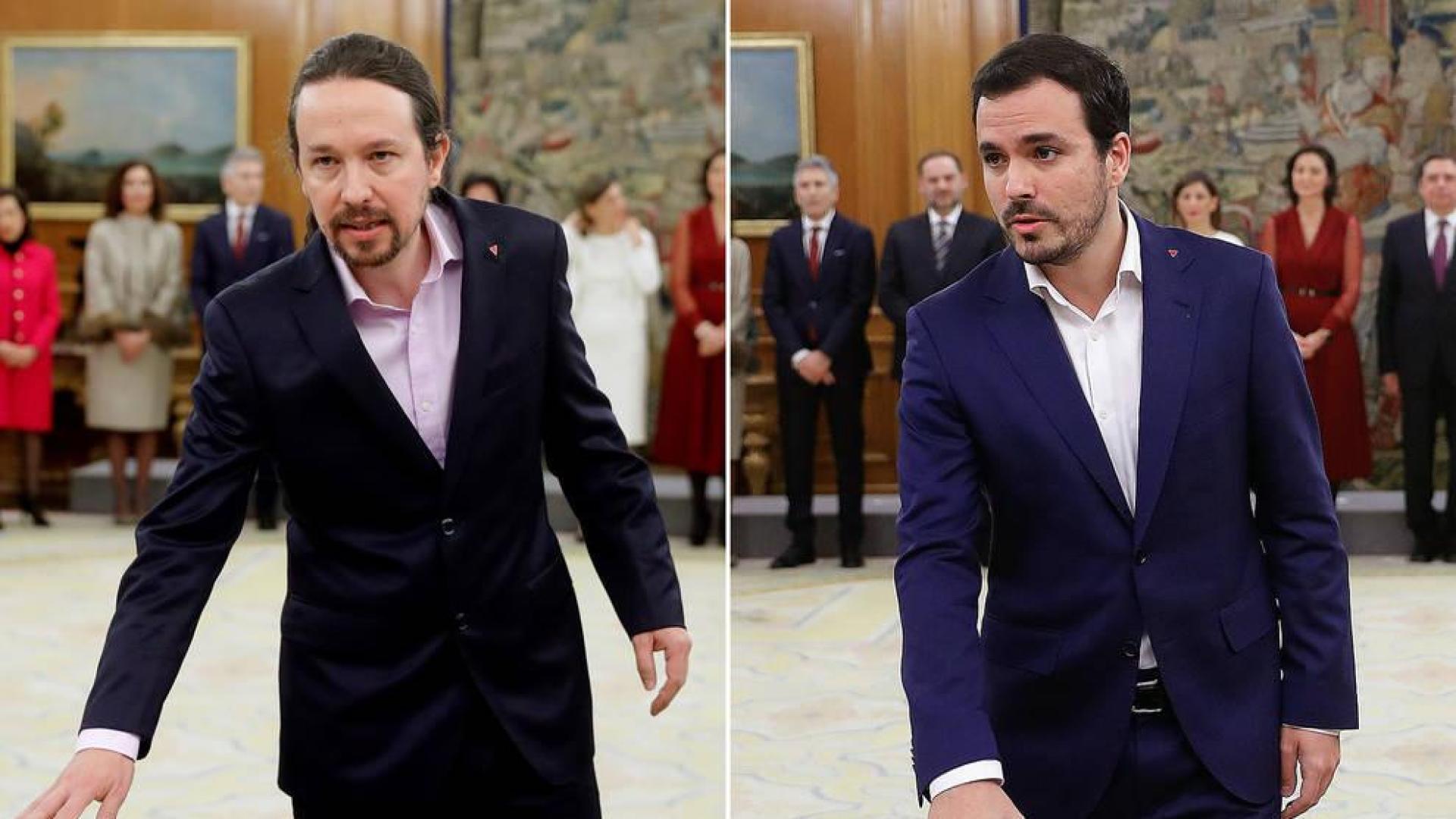 Iglesias y Garzón prometen su cargo con un pin del triángulo rojo invertido, que simboliza la lucha antifascista