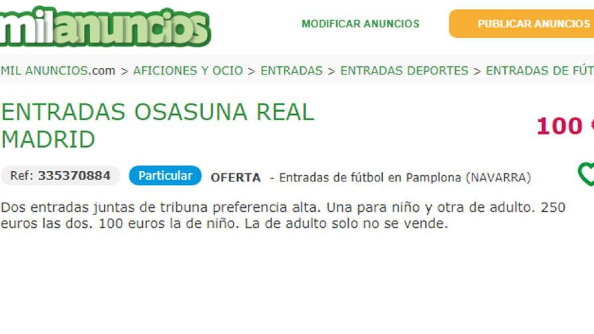 La reventa de entradas para el Osasuna-Real Madrid se dispara en los portales web